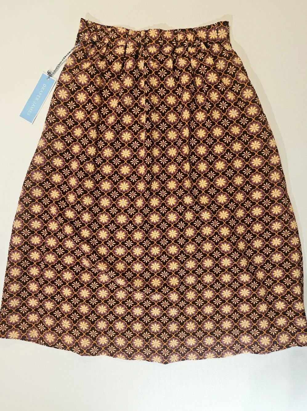 NWT Draper James Midi Skirt Womens XS Gold‎ Brown Black Geometric Gathered Waist